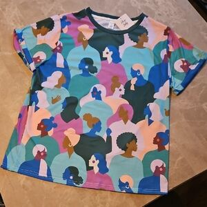 Beautiful Pixie Lady Blue, Brown and Pink Abstract Short Sleeve Tee Size Xl